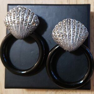 Vintage Modern Deco Silver Sea Shell Post Earrings with Black Round Design